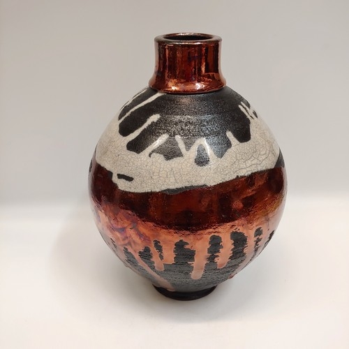 Click to view detail for #221195 Raku Vase Black/White/Copper 10x6.25 $29 